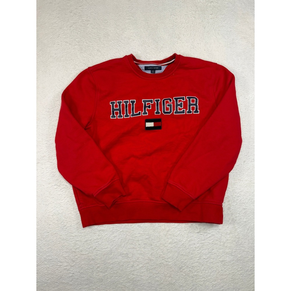 Tommy Hilfiger Mens Red Embroidered Logo Fleece Crewneck Sweatshirt Large